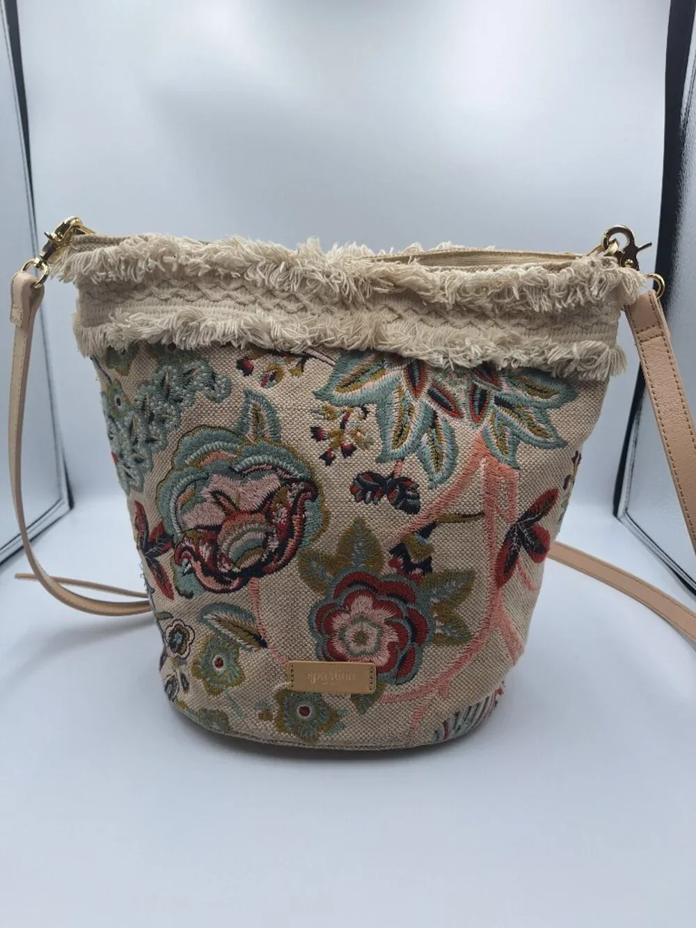 Spartina 449 Floral Embroidered Tapestry Bucket Bag Hobo Crossbody Purse